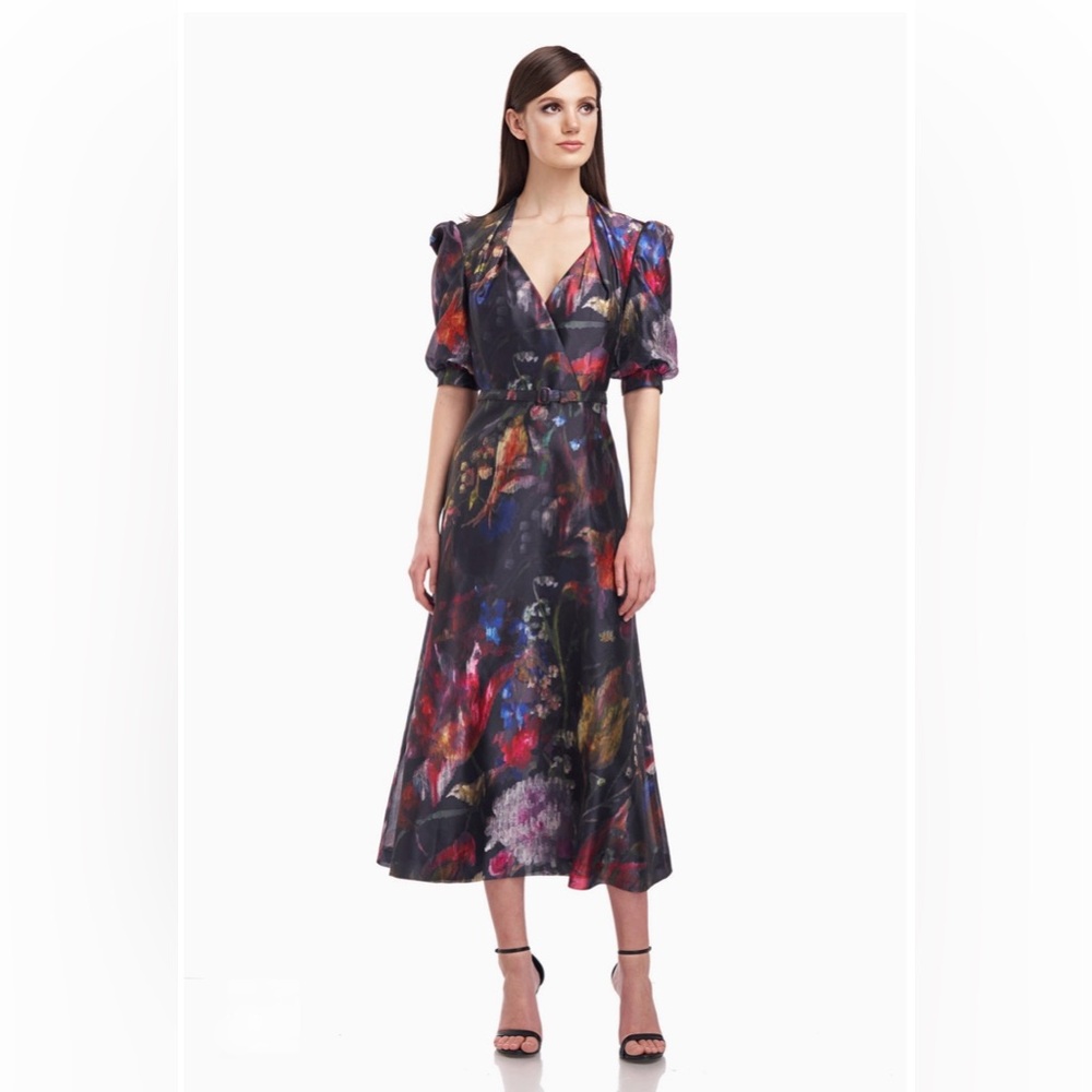 Kay Unger Morgan Watercolor Floral Tea Length Organza Midi Dress Wedding Guest